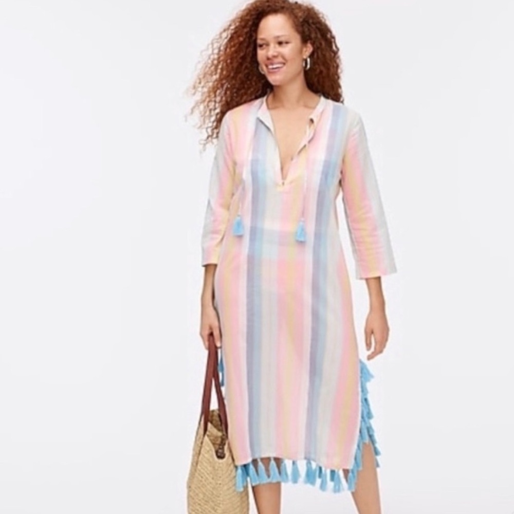 NWOT J Crew Pastel Rainbow Striped Midi Swim Cover-Up, L
